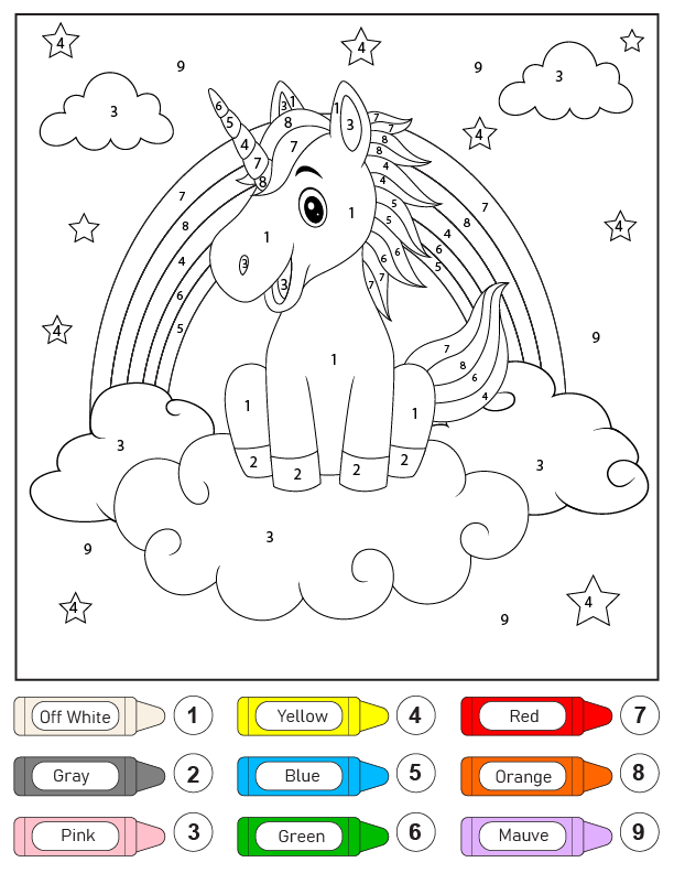 Dibujo de Unicornio En Las Nubes y El Arco Iris Color por Número Pagina para Colorear para Colorear y Imprimir