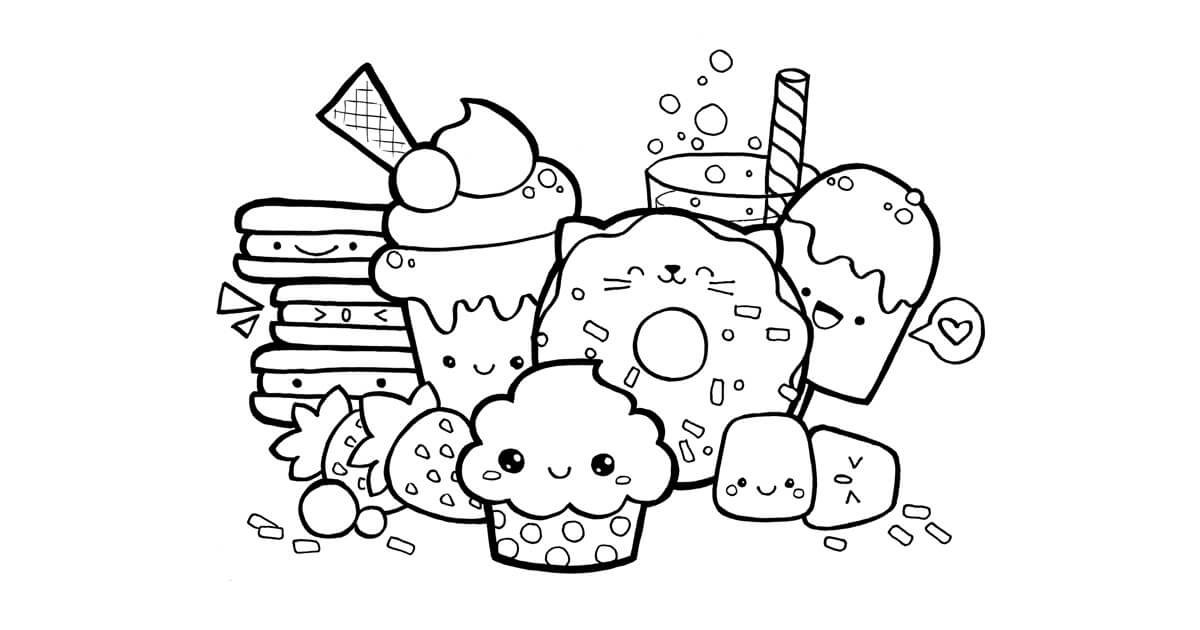 dibujo equipo linda comida para colorear