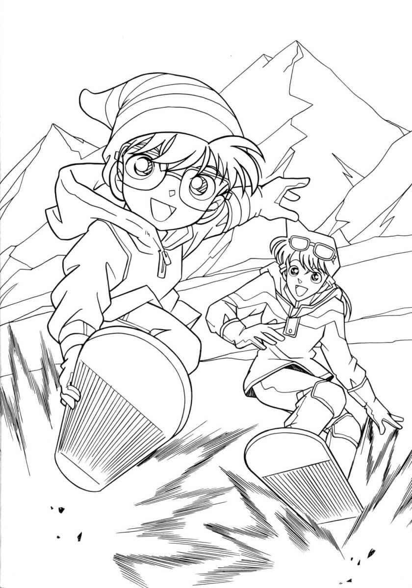 Dibujo de Conan Esquiando Con Ran para Colorear y Imprimir