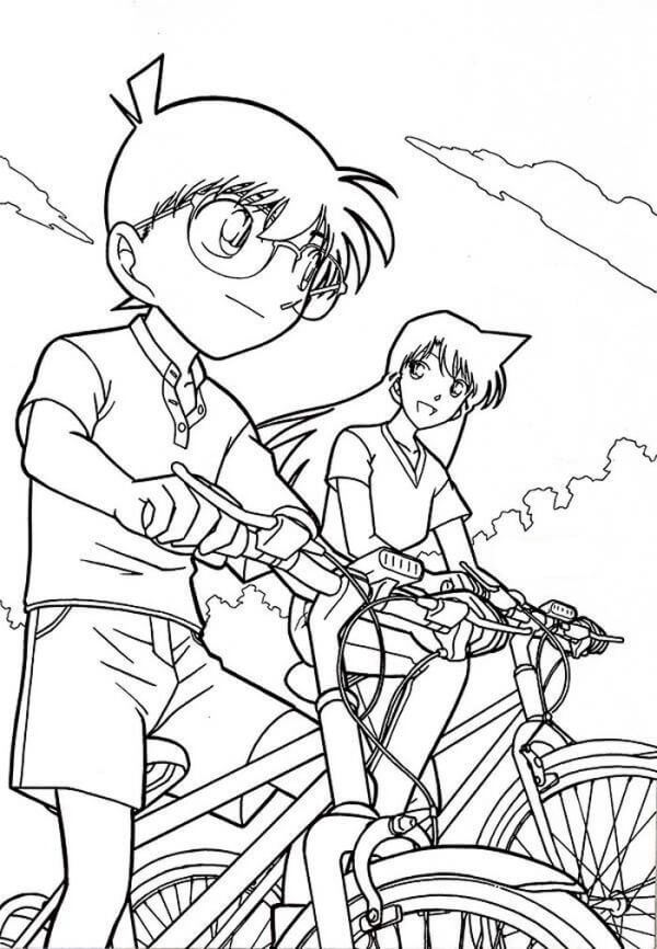 Dibujo de Conan Monta Una Bicicleta Con Ran para Colorear y Imprimir