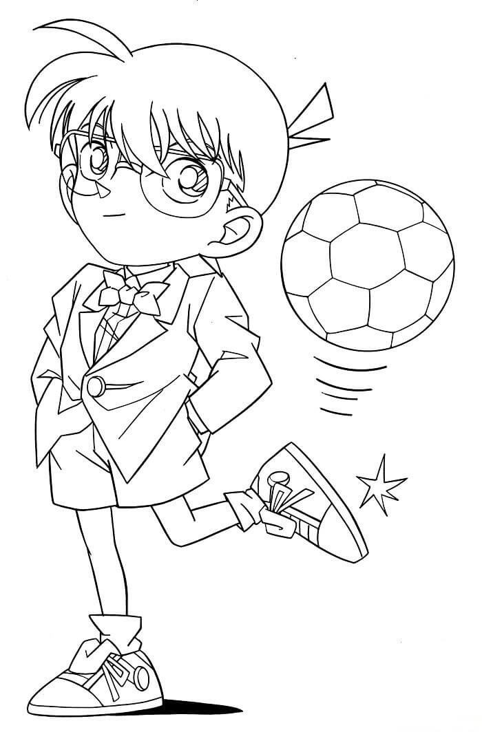Dibujo de Conan Patea Un Balón de Fútbol para Colorear y Imprimir