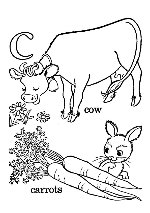 Dibujo de Conejo Con Zanahorias y Vaca para Colorear y Imprimir