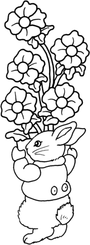 Dibujo de Conejo Sosteniendo Flores para Colorear y Imprimir