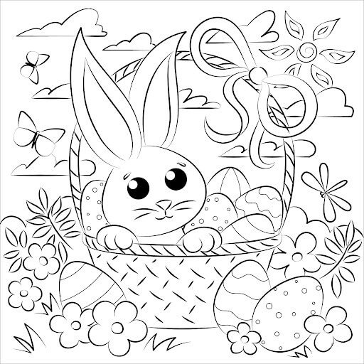 Dibujo de Canasta de Pascua y Conejito para Colorear y Imprimir