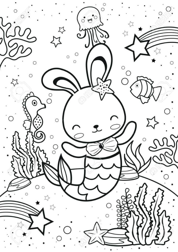 Dibujo de Conejito Sirena y Animal Marino para Colorear y Imprimir