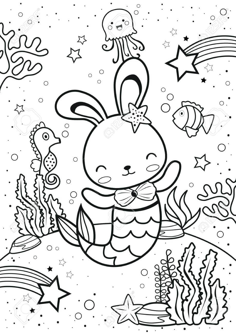 Dibujo de Conejito Sirena y Animal Marino para Colorear y Imprimir