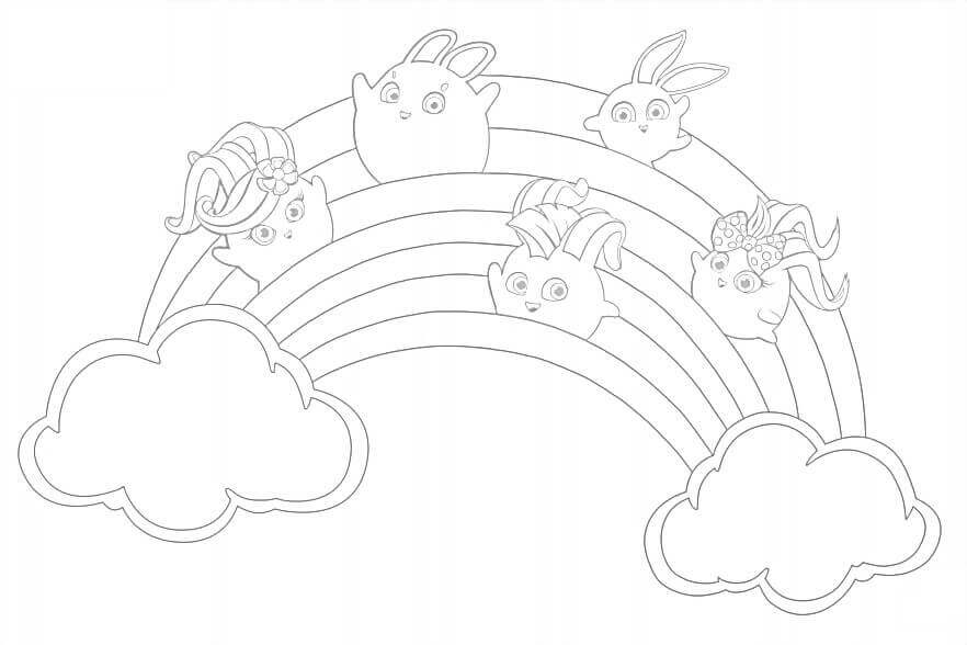 Dibujo de Arcoíris Conejitos Soleados para Colorear y Imprimir