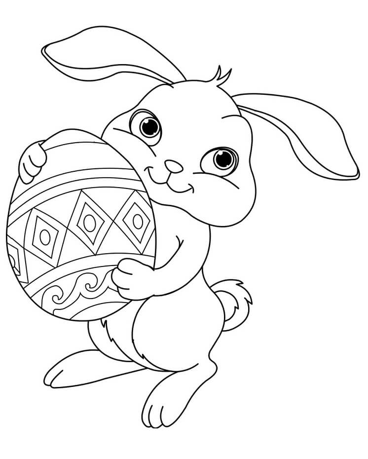 dibujo conejo de pascua con cesta de huevos para colorear
