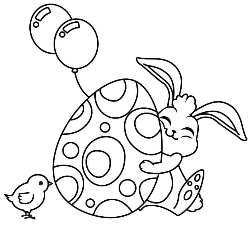dibujo conejo de pascua jugando con huevo para colorear