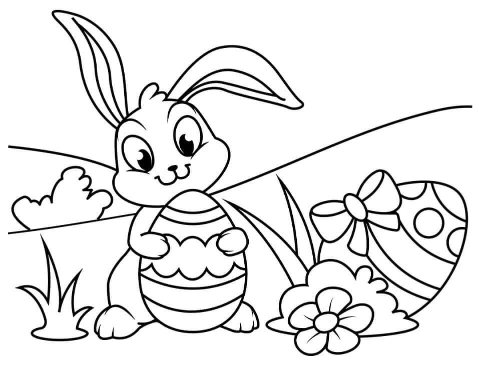dibujo conejo de pascua y pollita para colorear