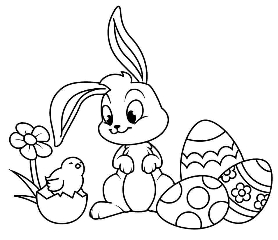 dibujo conejo de pascua y pollito para colorear