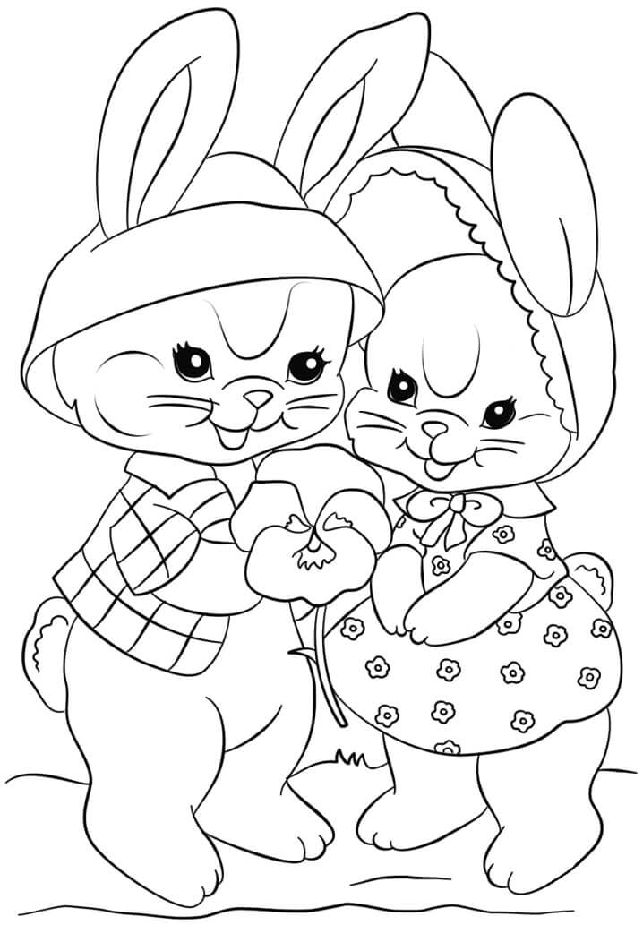 dibujo dos conejos de pascua para colorear