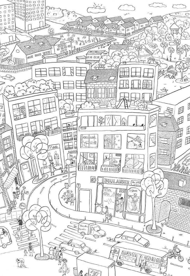 Dibujo de Edificio de La Ciudad de Dibujos Animados para Colorear y Imprimir