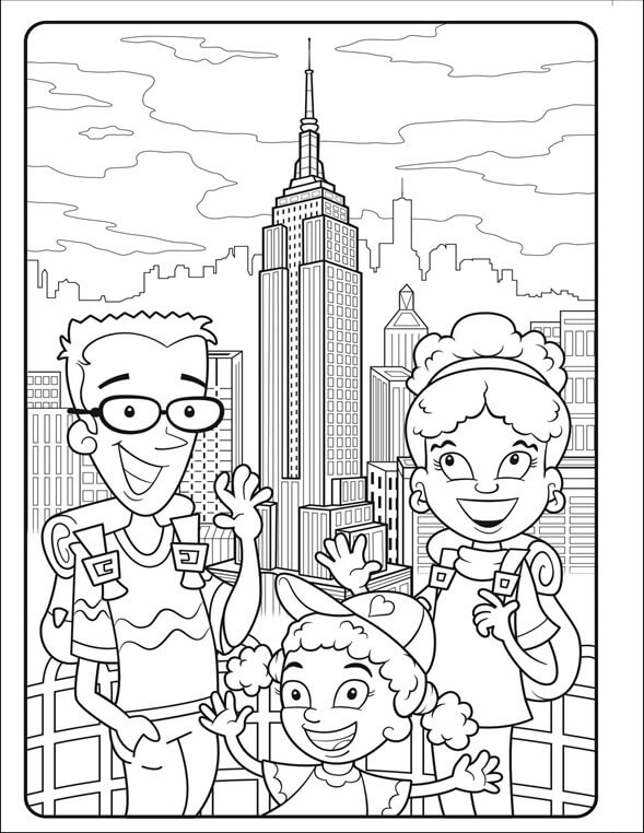 Dibujo de Familia En Edificio de La Ciudad para Colorear y Imprimir