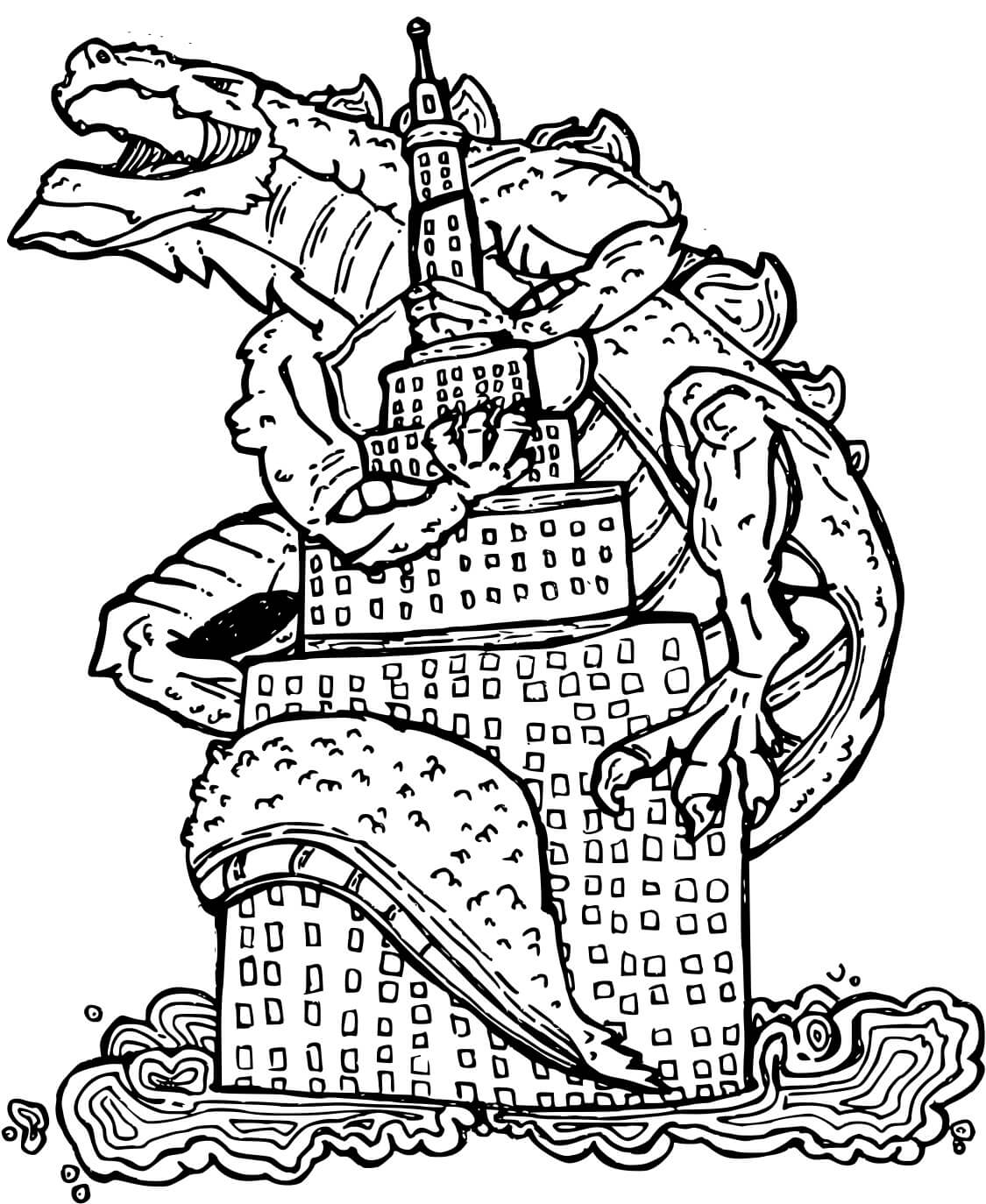 Dibujo de Godzilla Subió a Un Edificio para Colorear y Imprimir