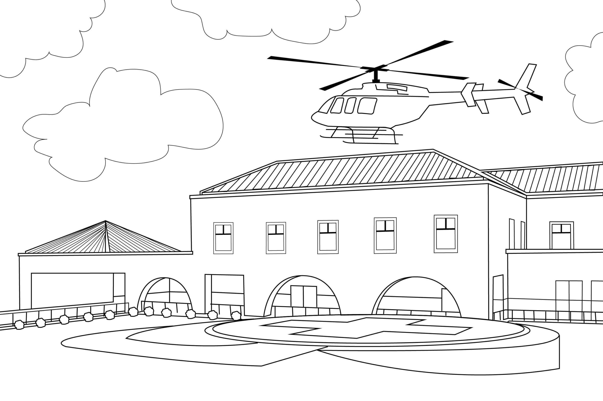 Dibujo de Helicóptero En Edificio Villa Scaled para Colorear y Imprimir