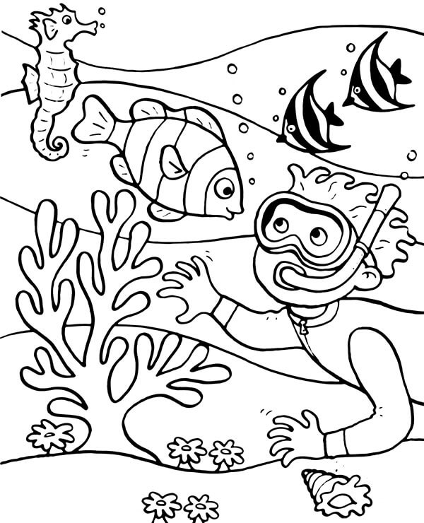 Dibujo de Coral Niño y Pez para Colorear y Imprimir