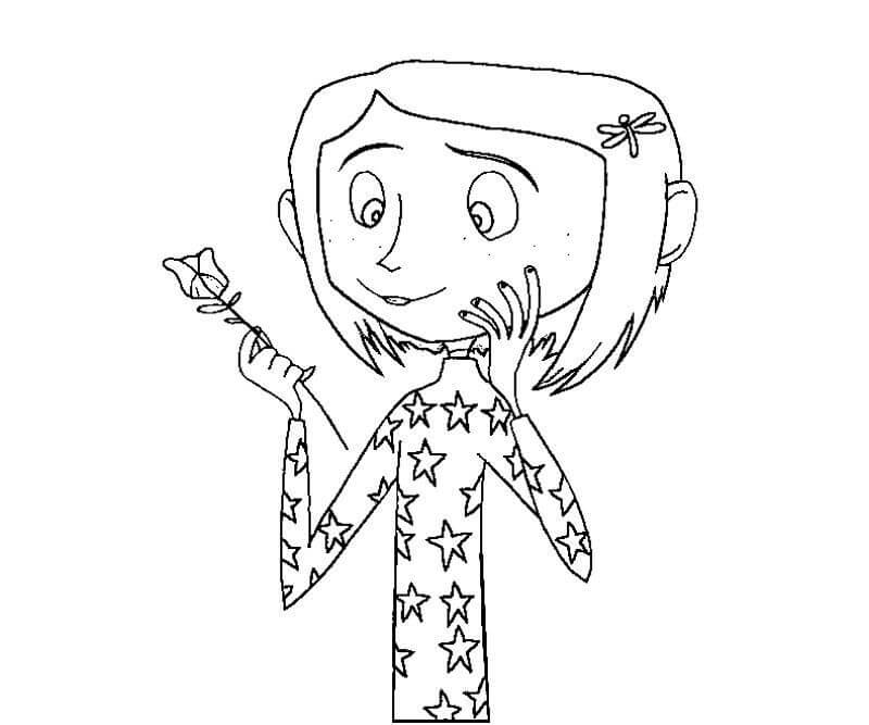 Dibujo de Coraline Con Una Rosa para Colorear y Imprimir