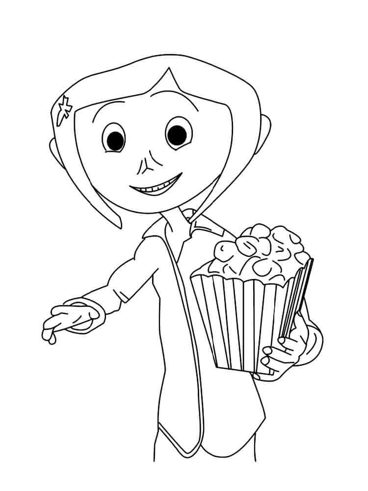 Dibujo de Coraline y Palomitas de Maíz para Colorear y Imprimir