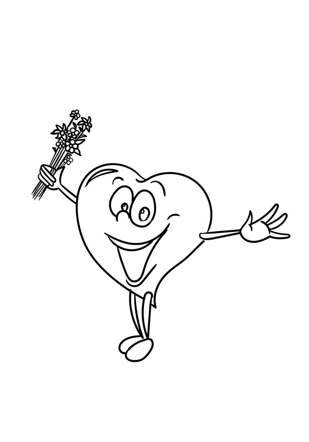 Dibujo de ¡Feliz Caricatura Corazón Tenencia Rosa para Colorear y Imprimir