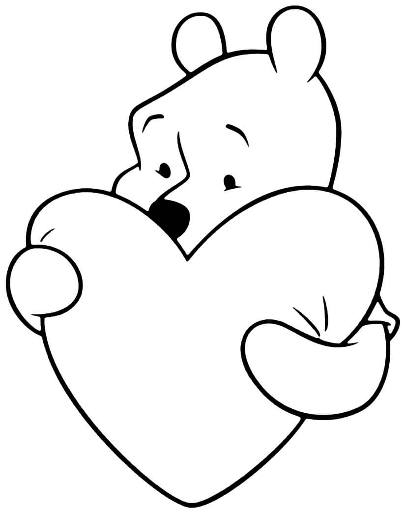 Dibujo de Pooh Oso Abrazos Corazón para Colorear y Imprimir