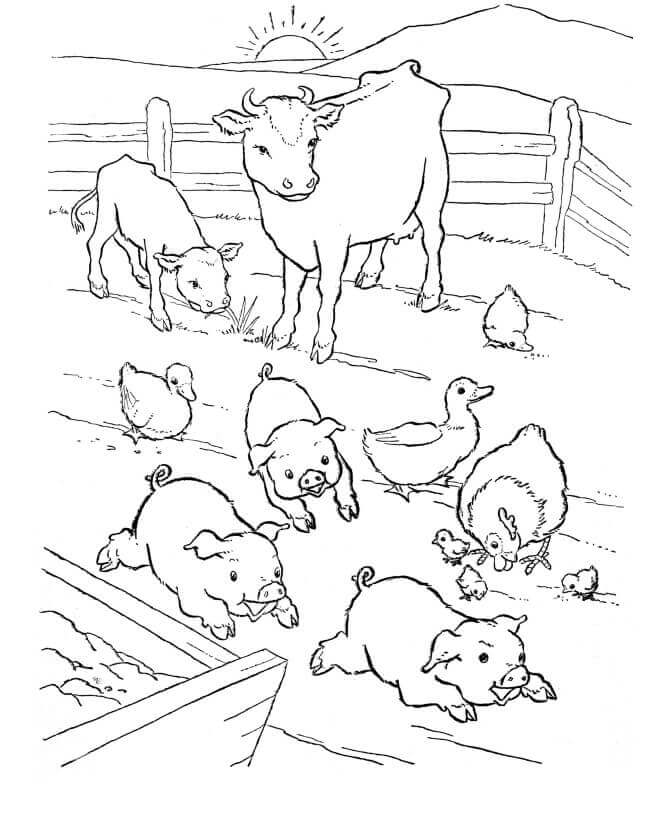 Dibujo de Corral Tres Animales para Colorear y Imprimir