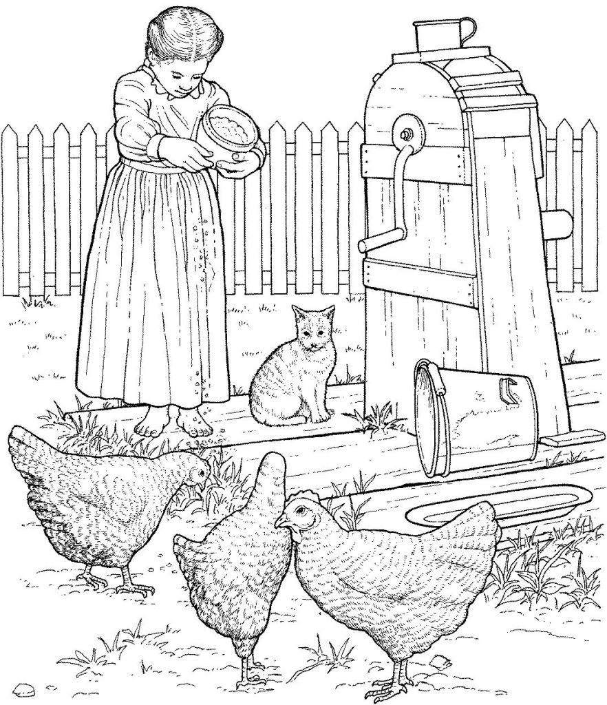 Dibujo de Pollos En El Corral para Colorear y Imprimir