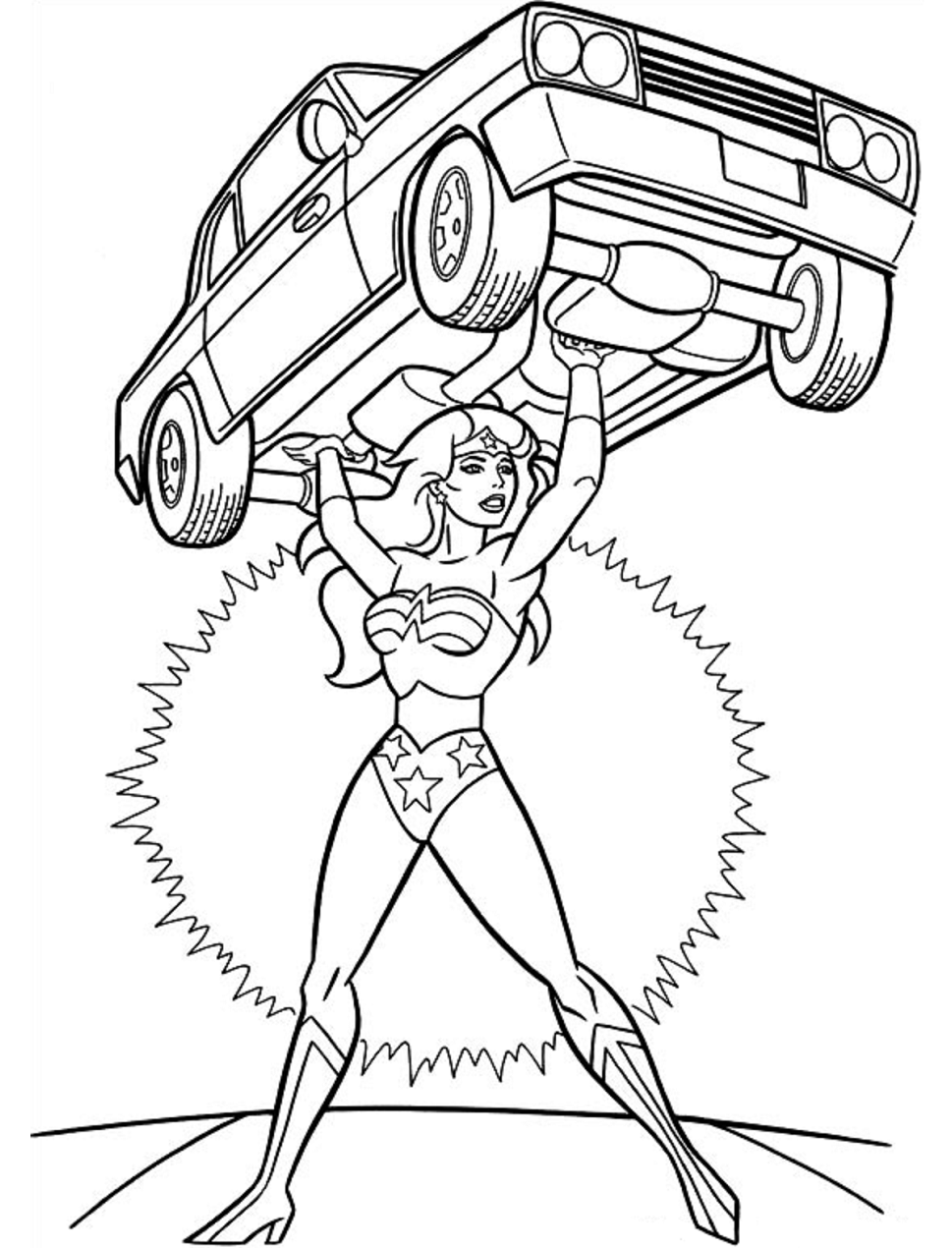 Dibujo de Mujer Maravilla Levantando Un Coche para Colorear y Imprimir