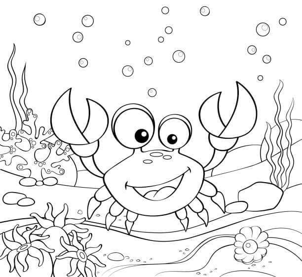 Dibujo de Cangrejo Divertido En El Mar para Colorear y Imprimir