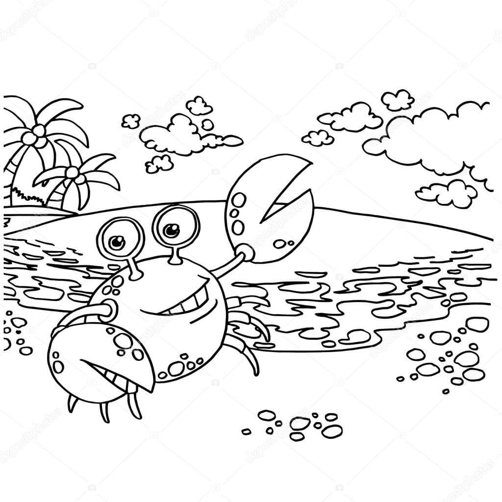 Dibujo de Cangrejo Divertido En La Playa para Colorear y Imprimir