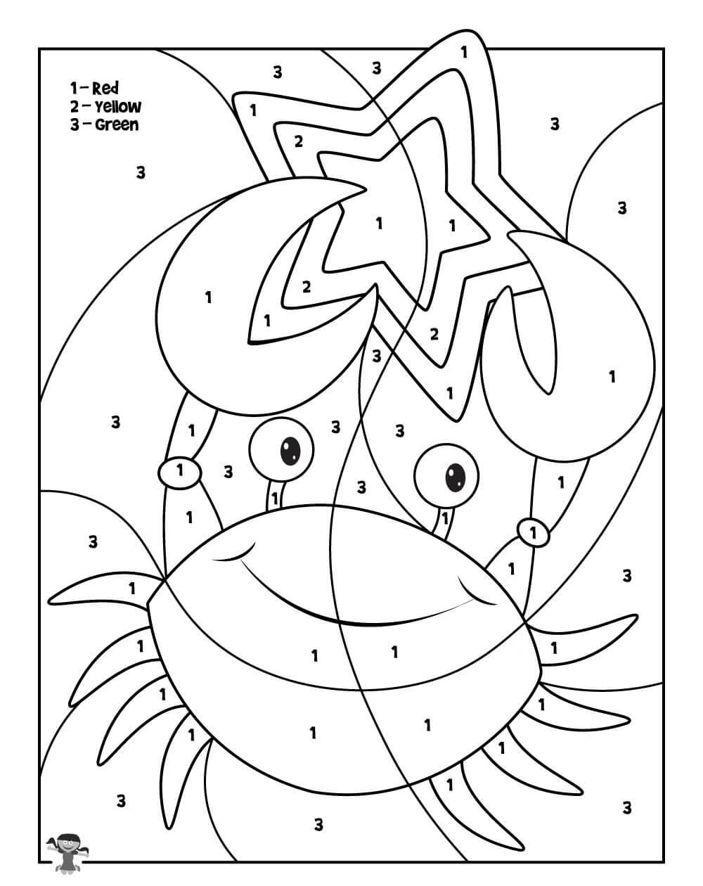 Dibujo de Colorear por Números Un Cangrejo Con Estrella para Colorear y Imprimir