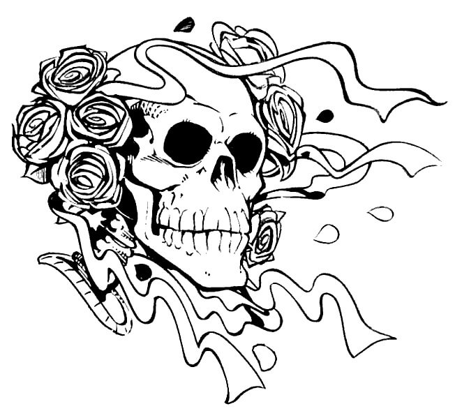 Dibujo de Calavera Aterradora Con Rosas 1 para Colorear y Imprimir