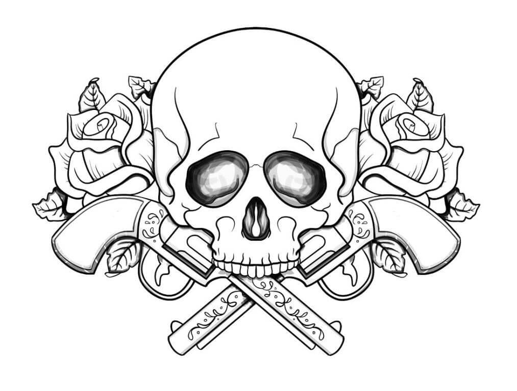 Dibujo de Calavera Con dos Pistolas para Colorear y Imprimir