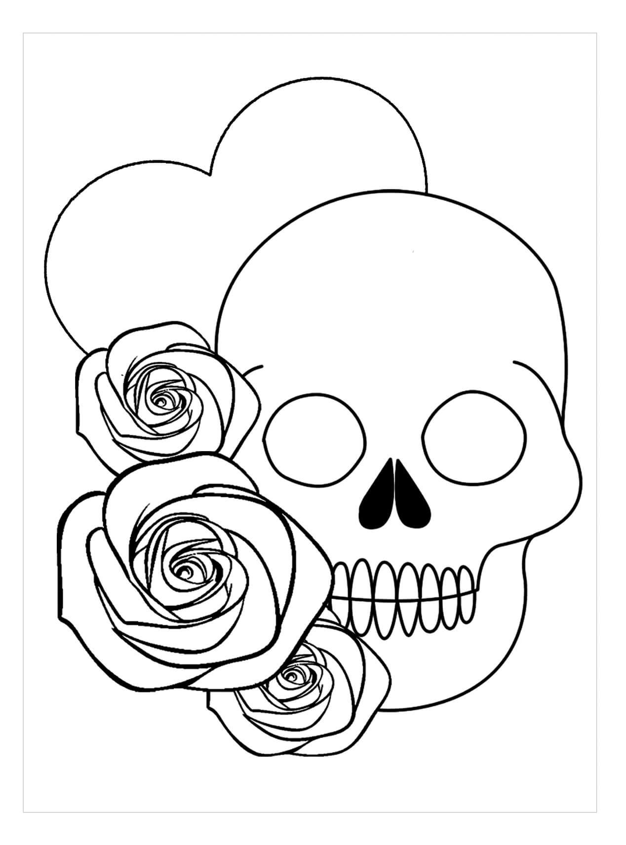 Dibujo de Calavera y Tres Rosas para Colorear y Imprimir