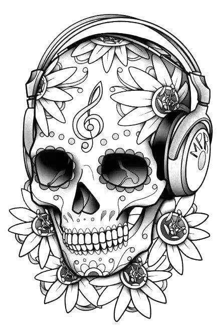 Dibujo de Calaveras Escuchando Música y Girasol para Colorear y Imprimir