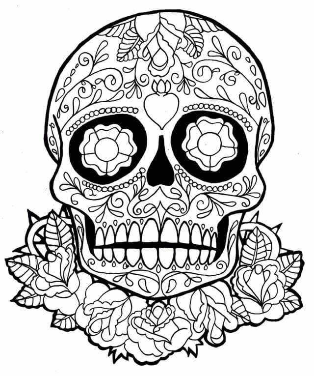 Dibujo de Cráneo y Hoja y Flor para Colorear y Imprimir