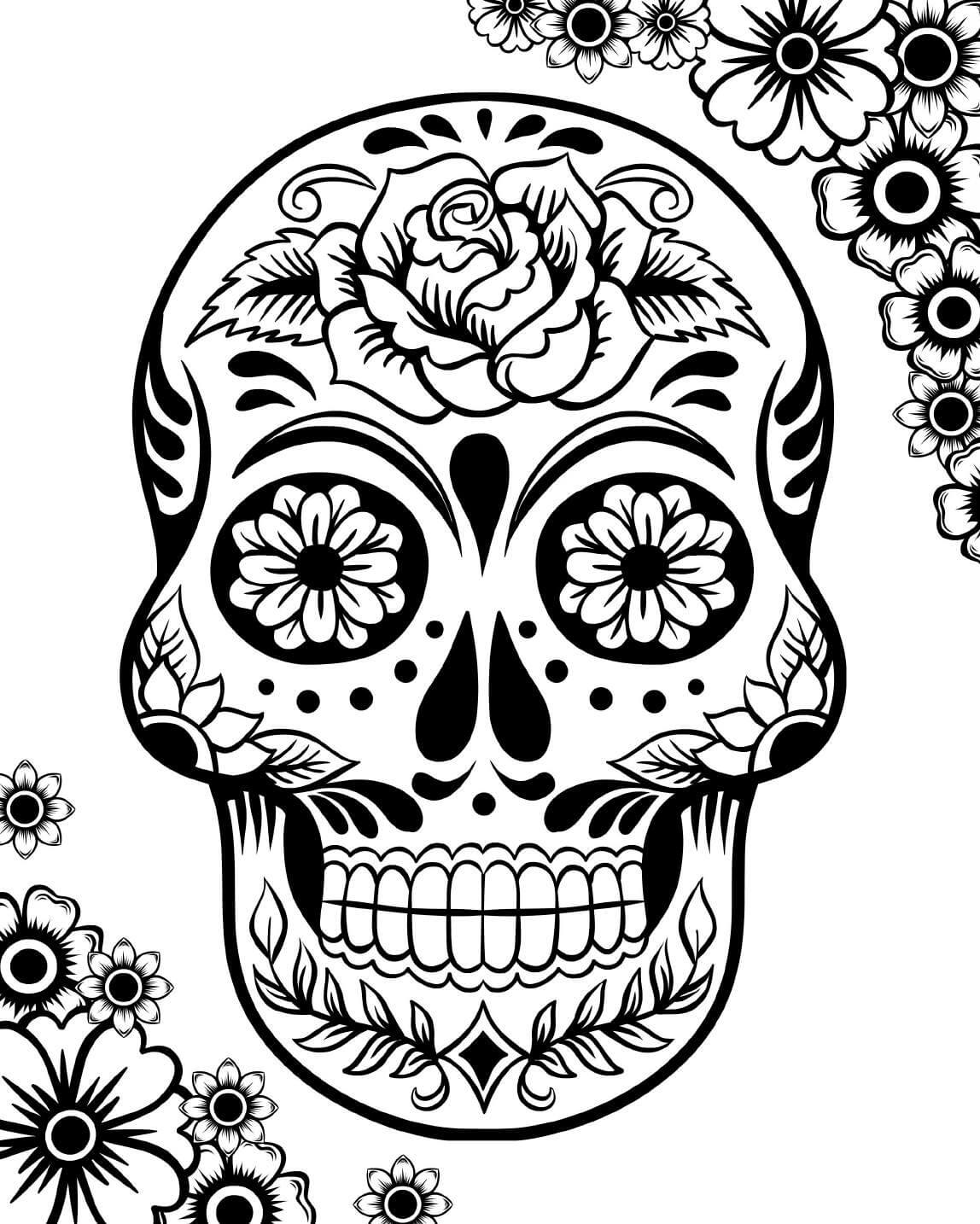 Dibujo de Tatuaje de Flor de Calavera de Azúcar para Colorear y Imprimir