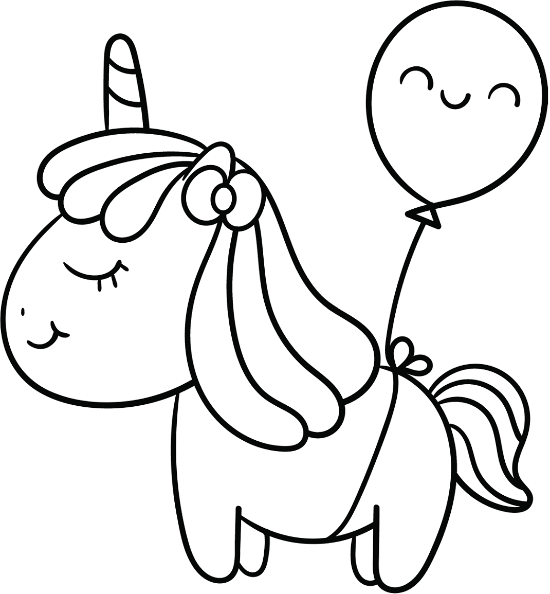 Dibujo de Bebé Unicornio Con Globo para Colorear y Imprimir