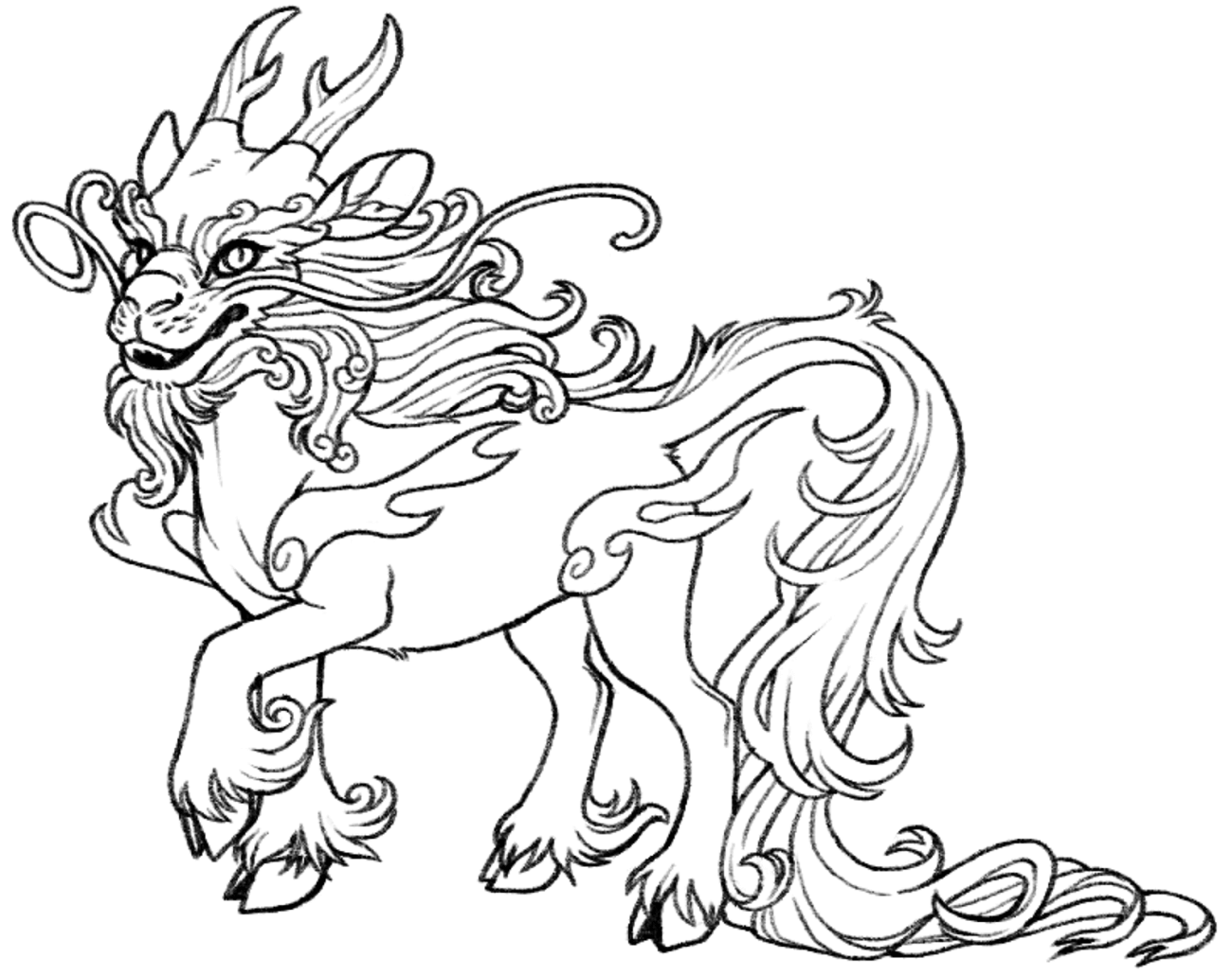 Dibujo de Unicornio Chino Kirin 2 para Colorear y Imprimir