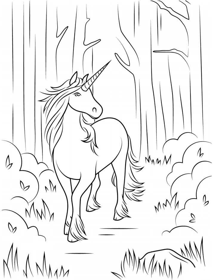 Dibujo de Unicornio En El Bosque para Colorear y Imprimir