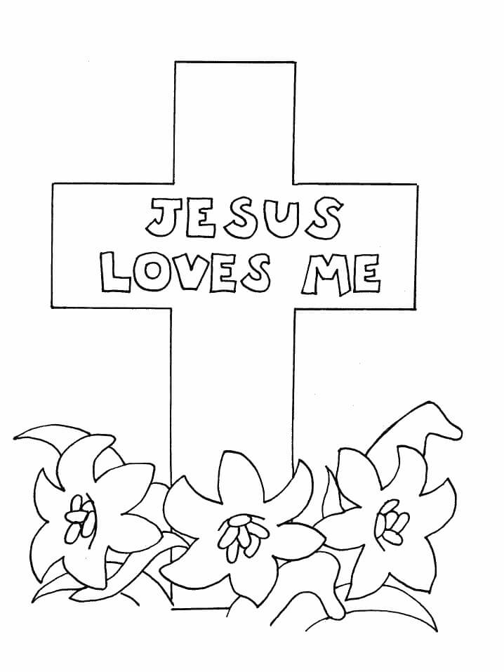 Dibujo de Cruz Con Tres Flores para Colorear y Imprimir