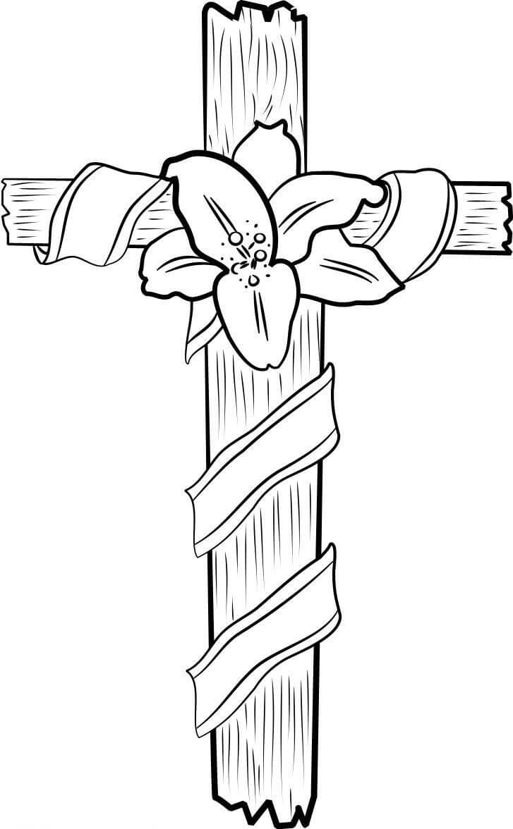 Dibujo de Cruz de Madera Con Flor para Colorear y Imprimir