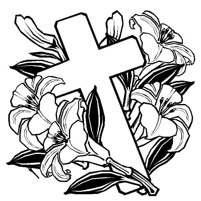 Dibujo de Cruz y Flor Básica para Colorear y Imprimir