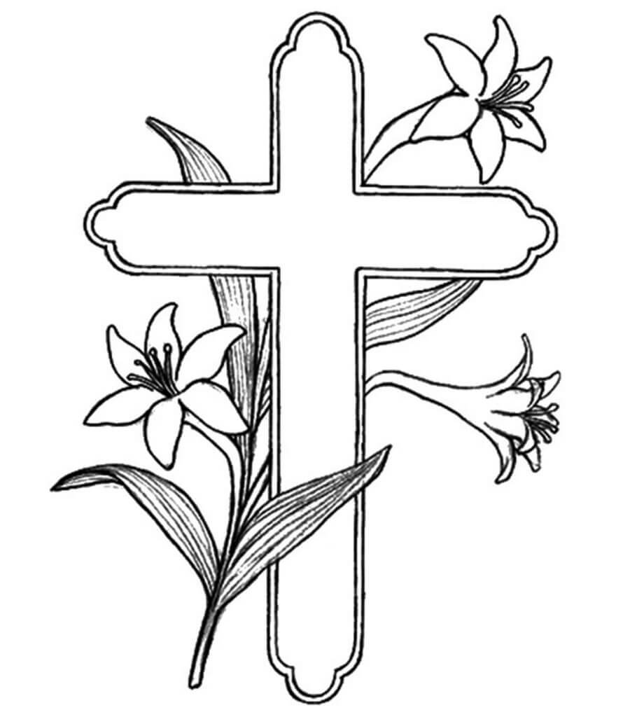 Dibujo de Cruz y Flor para Colorear y Imprimir