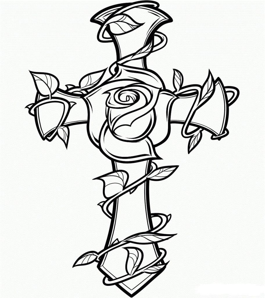 Dibujo de Rosa Con Cruz para Colorear y Imprimir