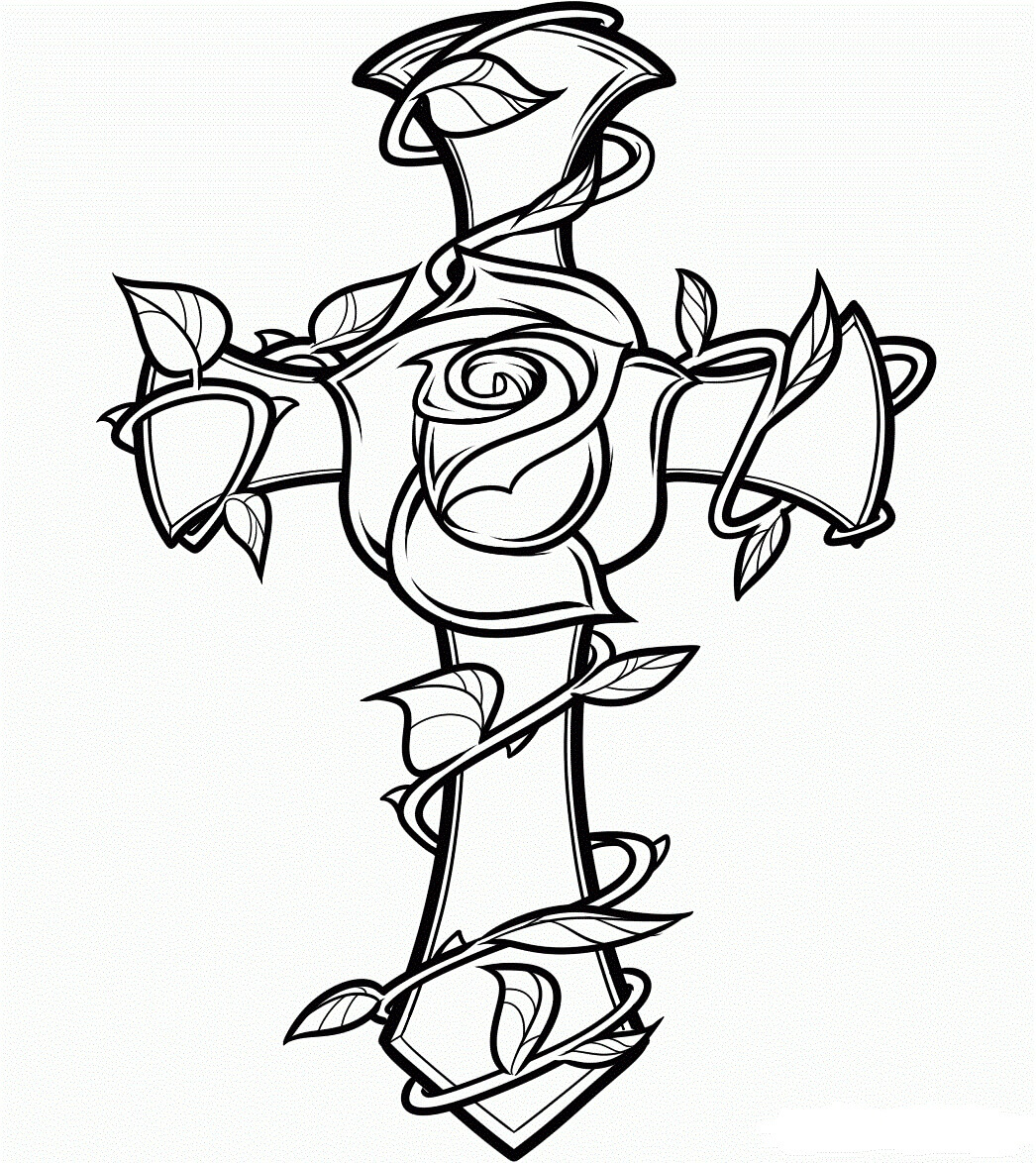 Dibujo de Rosa Con Cruz para Colorear y Imprimir
