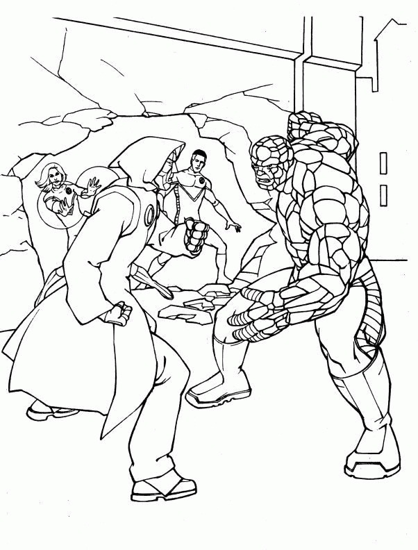 Dibujo de Los Cuatro Fantásticos y El Dr Doom Luchando para Colorear y Imprimir