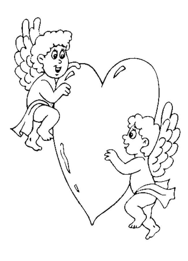 Dibujo de Cupido dos Con Corazón para Colorear y Imprimir