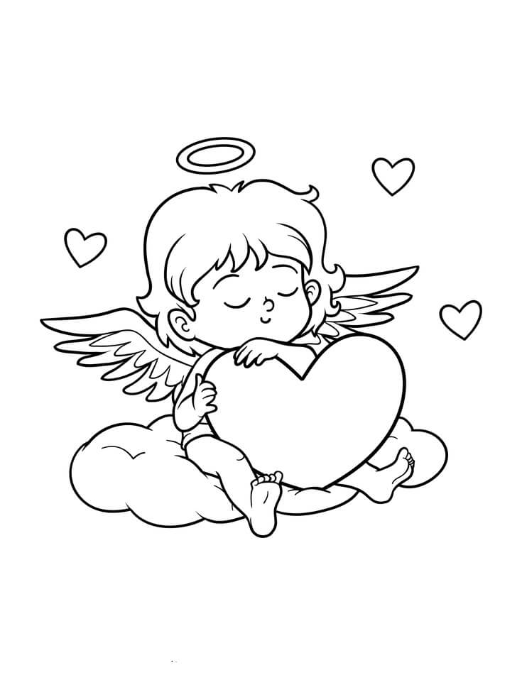 Dibujo de Sentado de Cupido y Corazón para Colorear y Imprimir
