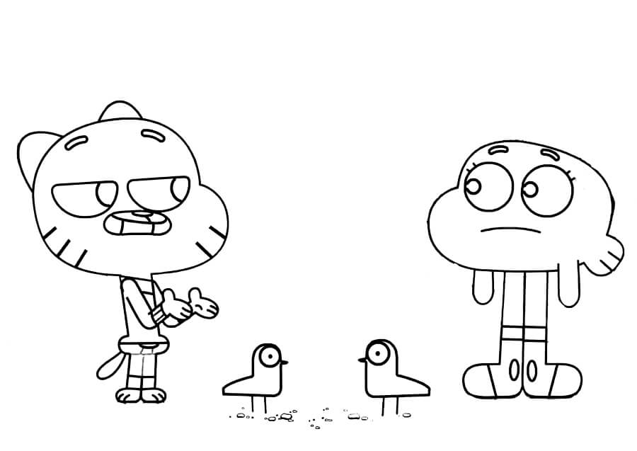 Dibujo de Darwin Gumball y dos Pájaros para Colorear y Imprimir